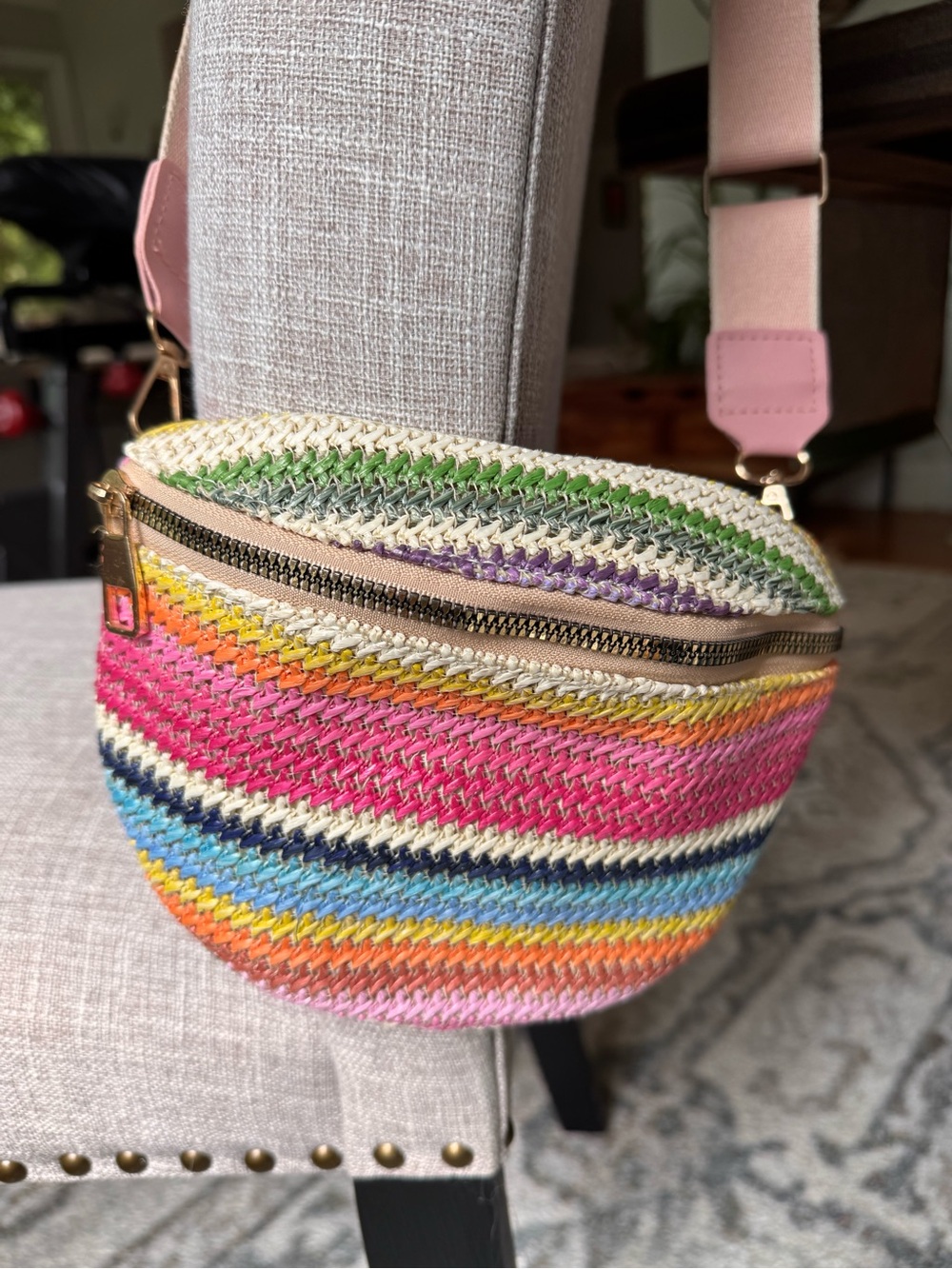 Woven Multicolor Crossbody Bag - Pink Strap